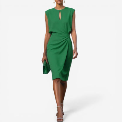 Lisandrah | Keyhole Cutout Sleeveless Ruched Waist Asymmetric Elegant Midi Dress