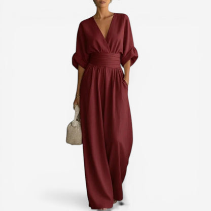 Layla | Women's Elegant V Neck Wide Sleeve Cinched Waist Wide Leg Jumpsuit