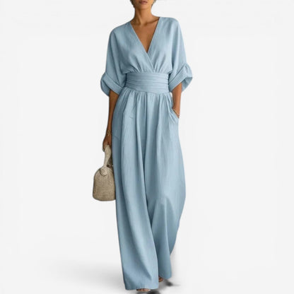 Layla | Women's Elegant V Neck Wide Sleeve Cinched Waist Wide Leg Jumpsuit