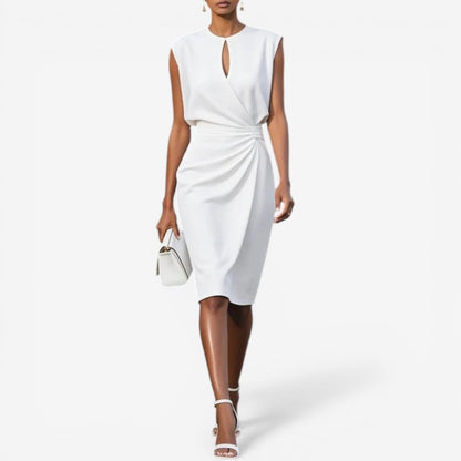 Lisandrah | Keyhole Cutout Sleeveless Ruched Waist Asymmetric Elegant Midi Dress