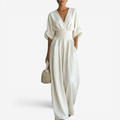 Layla | Women's Elegant V Neck Wide Sleeve Cinched Waist Wide Leg Jumpsuit