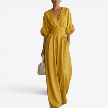 Layla | Women's Elegant V Neck Wide Sleeve Cinched Waist Wide Leg Jumpsuit