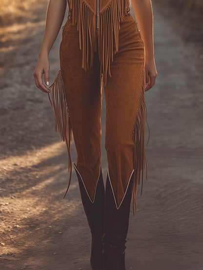 Imogen | Zip Front Stand Collar Sleeveless Fringe Western Jumpsuit