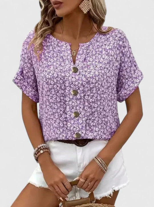 Sabine | Floral Notch Neck Button Front Short Sleeve Casual Summer Top