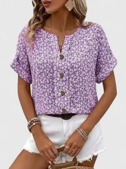 Sabine | Floral Notch Neck Button Front Short Sleeve Casual Summer Top