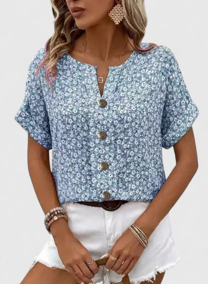 Sabine | Floral Notch Neck Button Front Short Sleeve Casual Summer Top