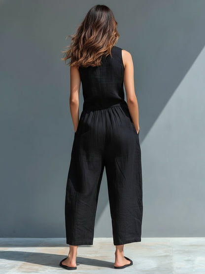 Chloe | Stand Collar Button Up Sleeveless Wide Leg Linen Blend Jumpsuit