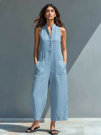 Chloe | Stand Collar Button Up Sleeveless Wide Leg Linen Blend Jumpsuit