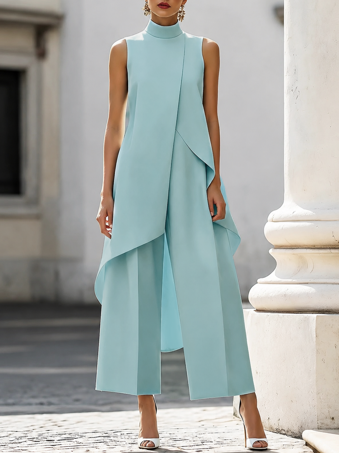 Danna | Women's Elegant High Neck Asymmetric Top Wide Leg Pant Set