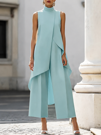 Danna | Women's Elegant High Neck Asymmetric Top Wide Leg Pant Set