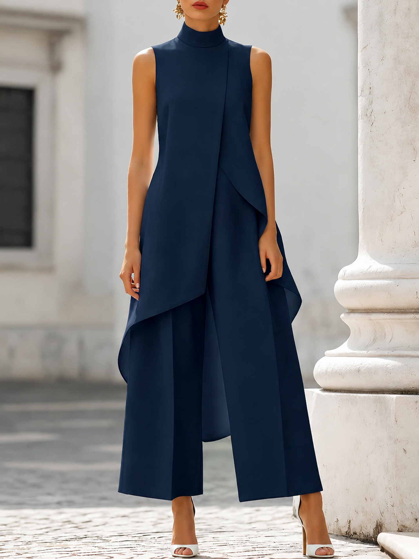 Danna | Women's Elegant High Neck Asymmetric Top Wide Leg Pant Set