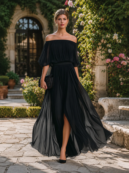 Celina | Women's Off Shoulder Pleated Chiffon Formal Wedding Guest Maxi Dress