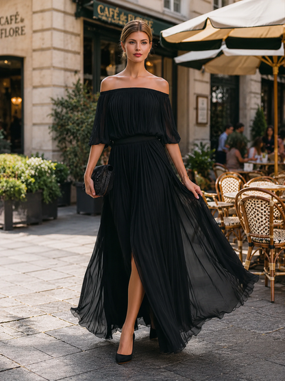 Celina | Women's Off Shoulder Pleated Chiffon Formal Wedding Guest Maxi Dress
