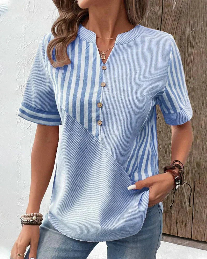 Monroe | Striped Colorblock Short Sleeve Stand Collar Casual Top