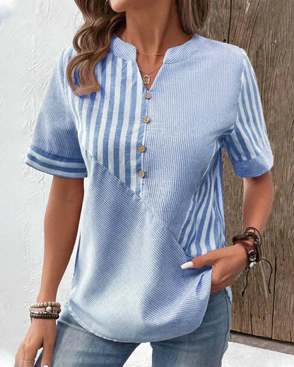 Monroe | Striped Colorblock Short Sleeve Stand Collar Casual Top