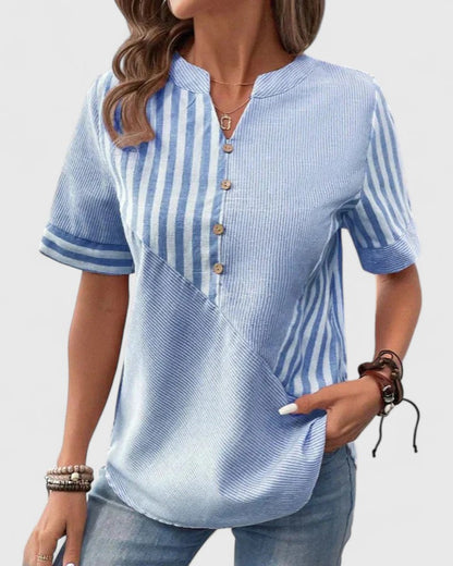 Gigi | Striped Colorblock Short Sleeve Stand Collar Casual Blouse