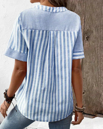 Monroe | Striped Colorblock Short Sleeve Stand Collar Casual Top