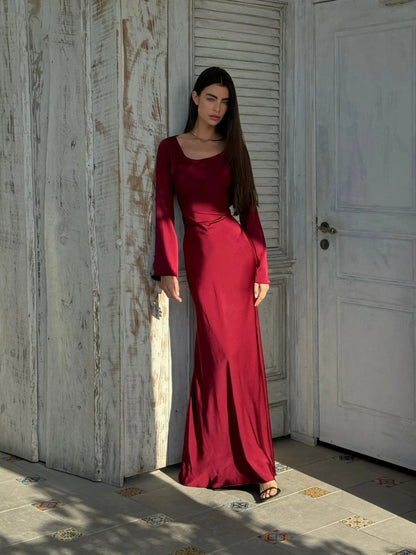 Celine | Women's Long Sleeve Satin Elegant Maxi Dress