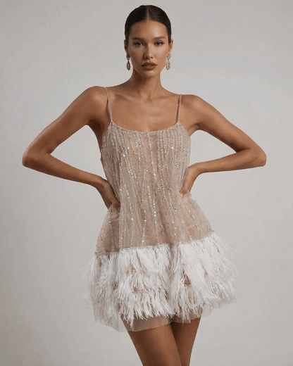 Celeste | Women's Sequin Spaghetti Strap Feather Trim Evening Mini Dress