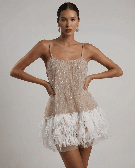 Celeste | Women's Sequin Spaghetti Strap Feather Trim Evening Mini Dress