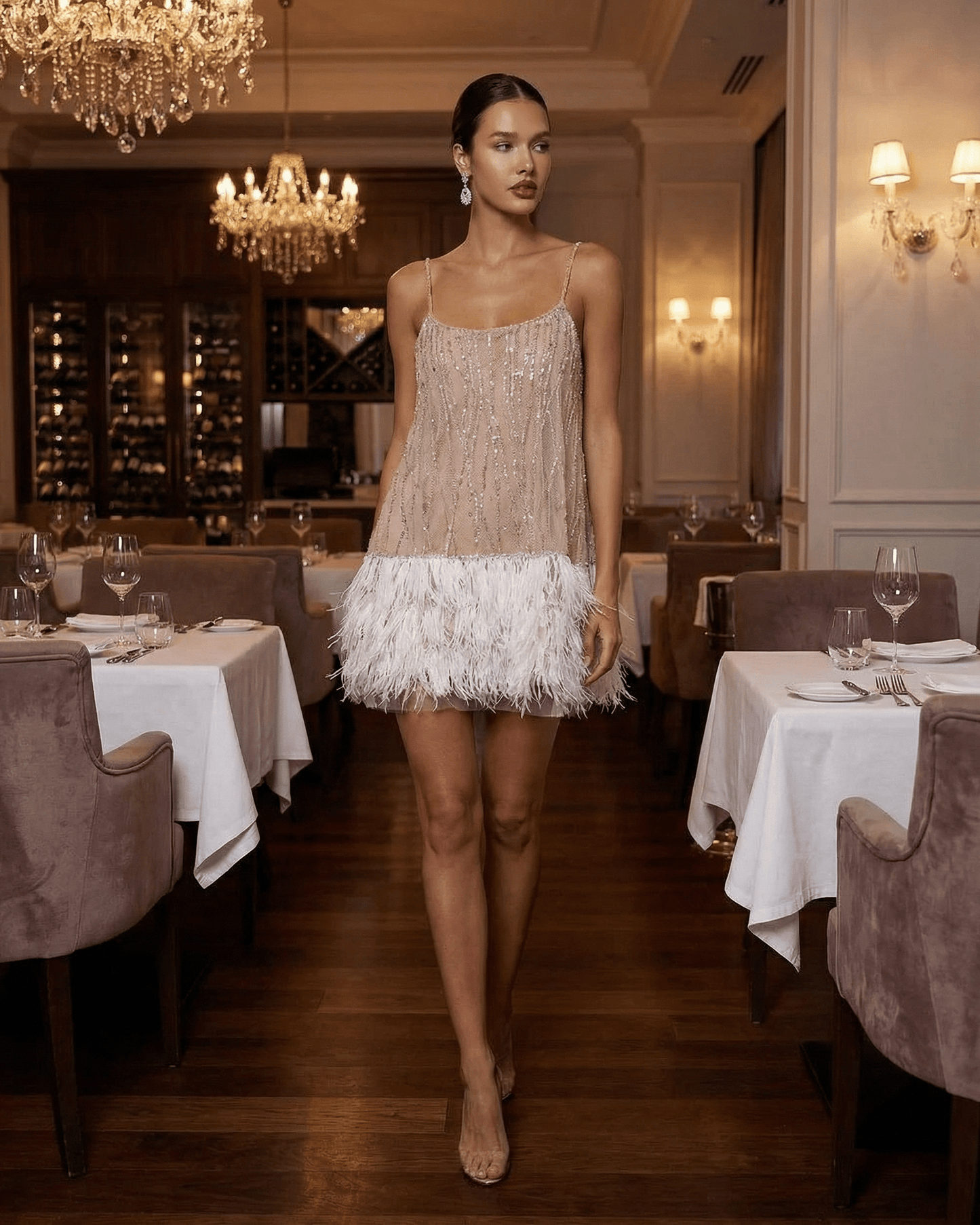 Celeste | Women's Sequin Spaghetti Strap Feather Trim Evening Mini Dress