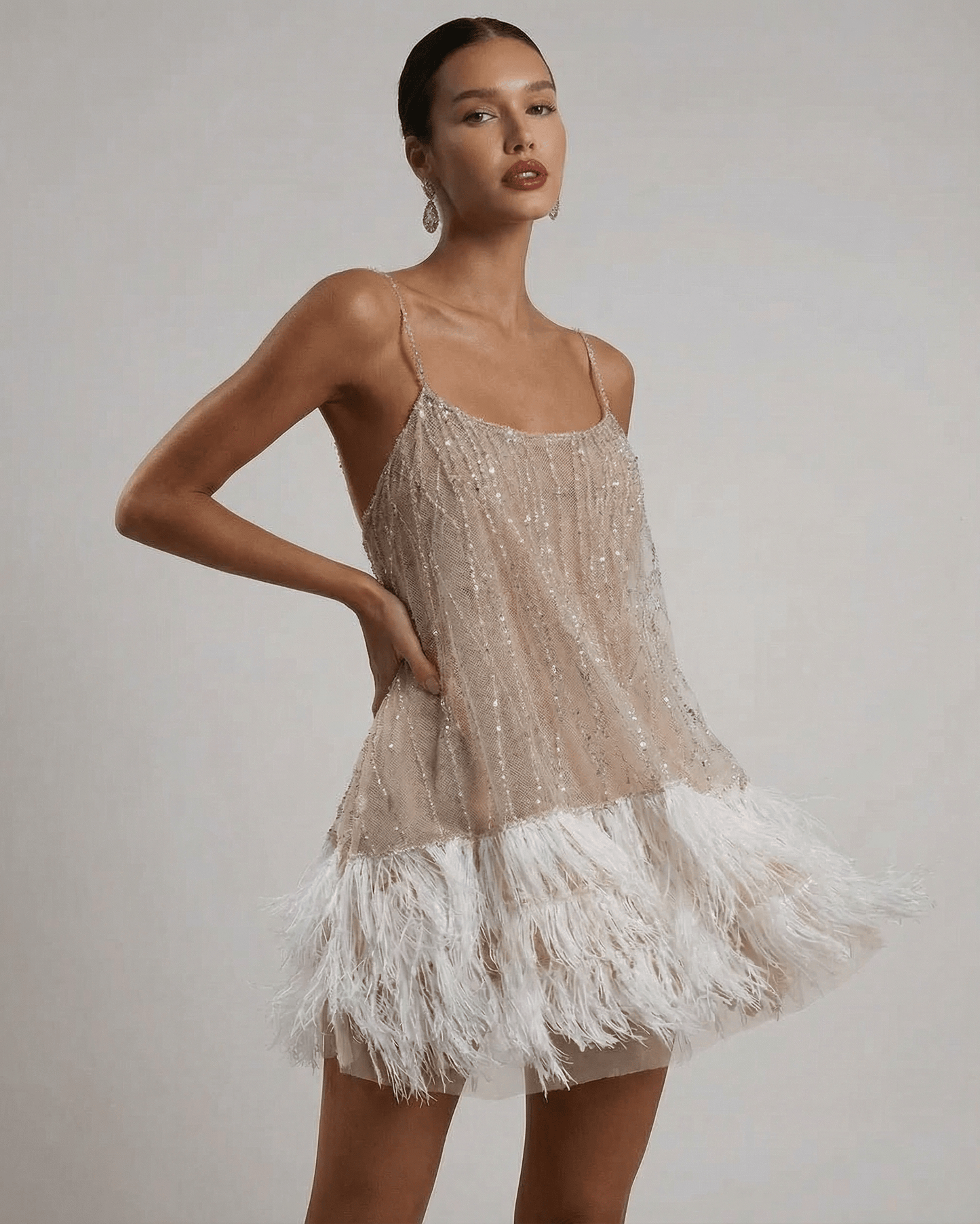 Celeste | Women's Sequin Spaghetti Strap Feather Trim Evening Mini Dress