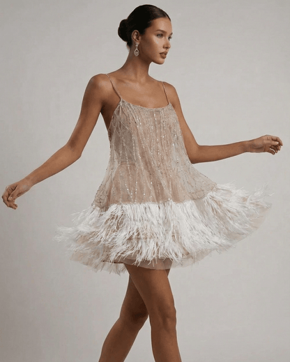 Celeste | Women's Sequin Spaghetti Strap Feather Trim Evening Mini Dress