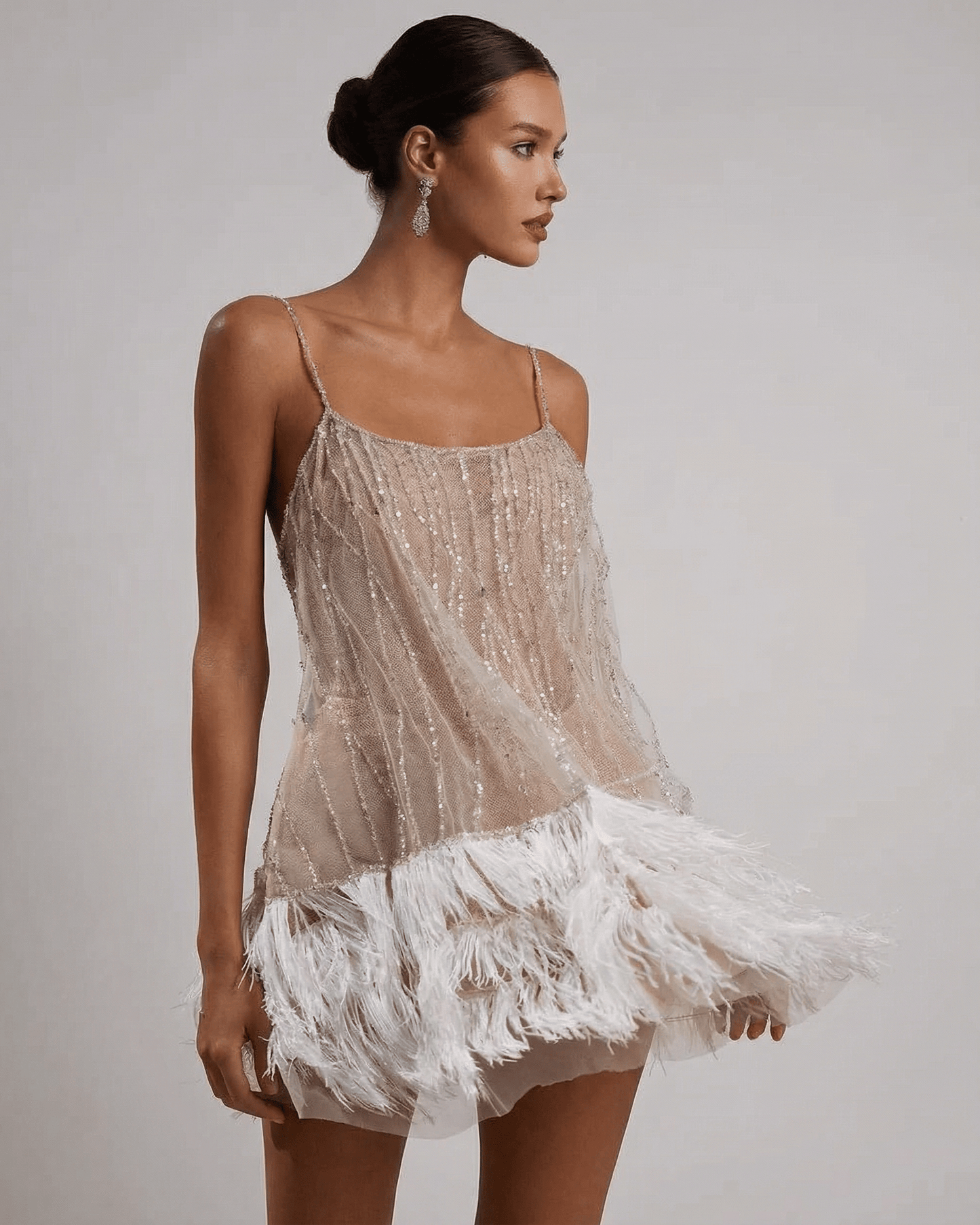 Celeste | Women's Sequin Spaghetti Strap Feather Trim Evening Mini Dress
