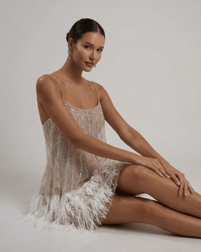 Celeste | Women's Sequin Spaghetti Strap Feather Trim Evening Mini Dress