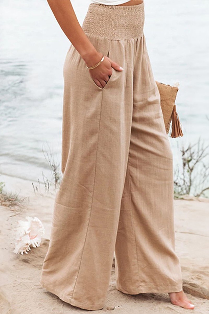 Sophia | Smocked High Waist Wide Leg Pleated Linen Blend Pants