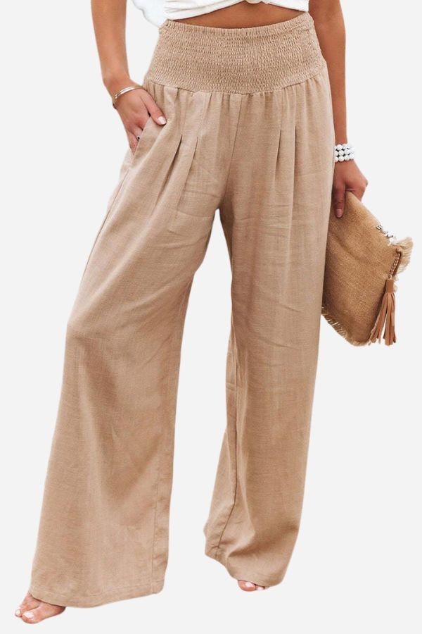 Sophia | Smocked High Waist Wide Leg Pleated Linen Blend Pants