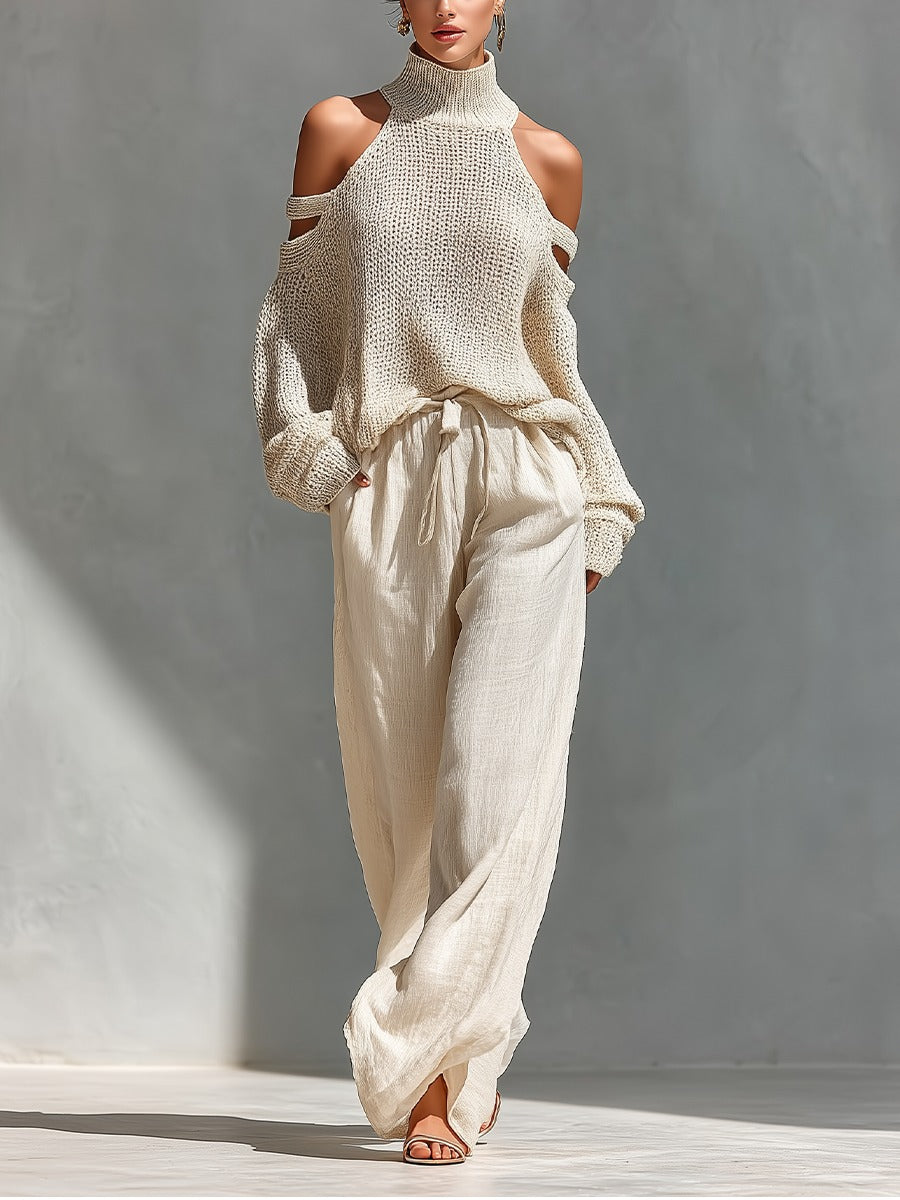 Magnolia | Cold Shoulder Mock Neck Knit Sweater Wide Leg Two Piece Set