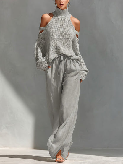 Magnolia | Cold Shoulder Mock Neck Knit Sweater Wide Leg Two Piece Set