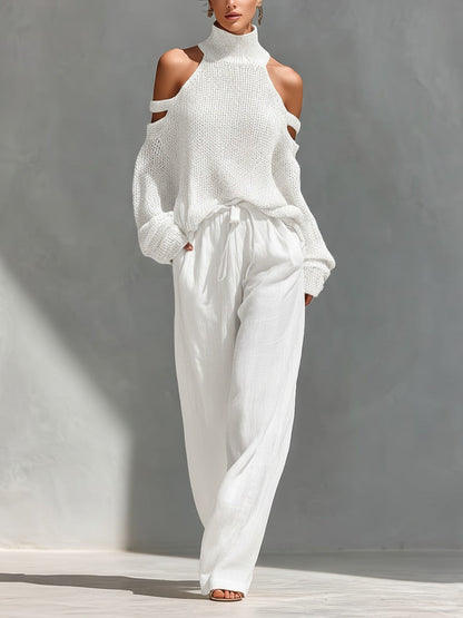 Magnolia | Cold Shoulder Mock Neck Knit Sweater Wide Leg Two Piece Set