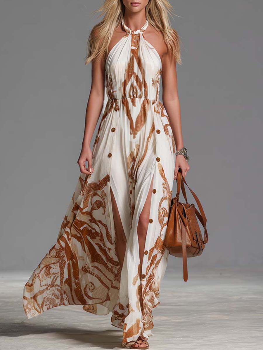 Marcella | Ring Halter Neck Abstract Print Button Front Side Slit Boho Maxi Dress