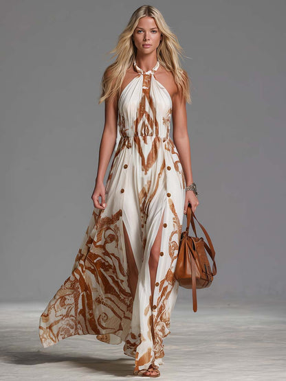 Marcella | Ring Halter Neck Abstract Print Button Front Side Slit Boho Maxi Dress
