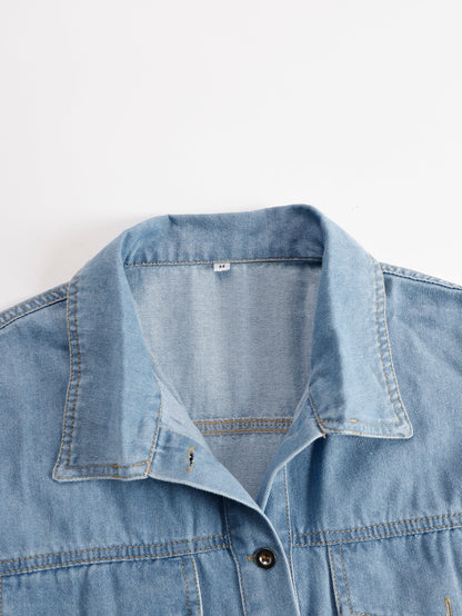 Marisol | Denim Shirt Collar Button Front Short Sleeve Raw Fringe Trim Mini Dress
