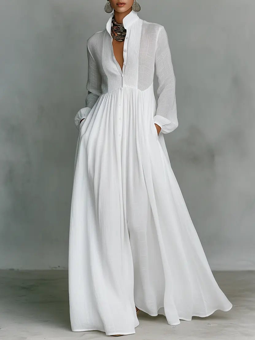 Evelyn | Stand Collar Button Front Long Sleeve Cotton Linen Blend Maxi Dress