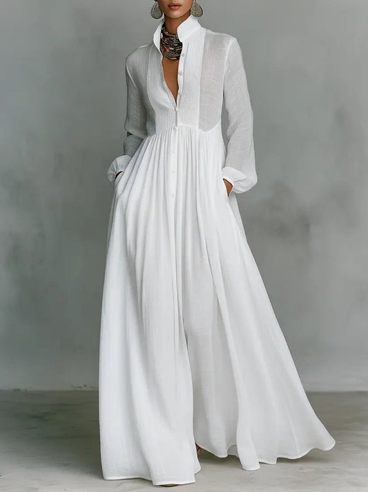 Evelyn | Stand Collar Button Front Long Sleeve Cotton Linen Blend Maxi Dress