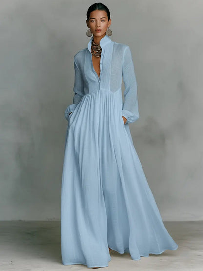 Evelyn | Stand Collar Button Front Long Sleeve Cotton Linen Blend Maxi Dress