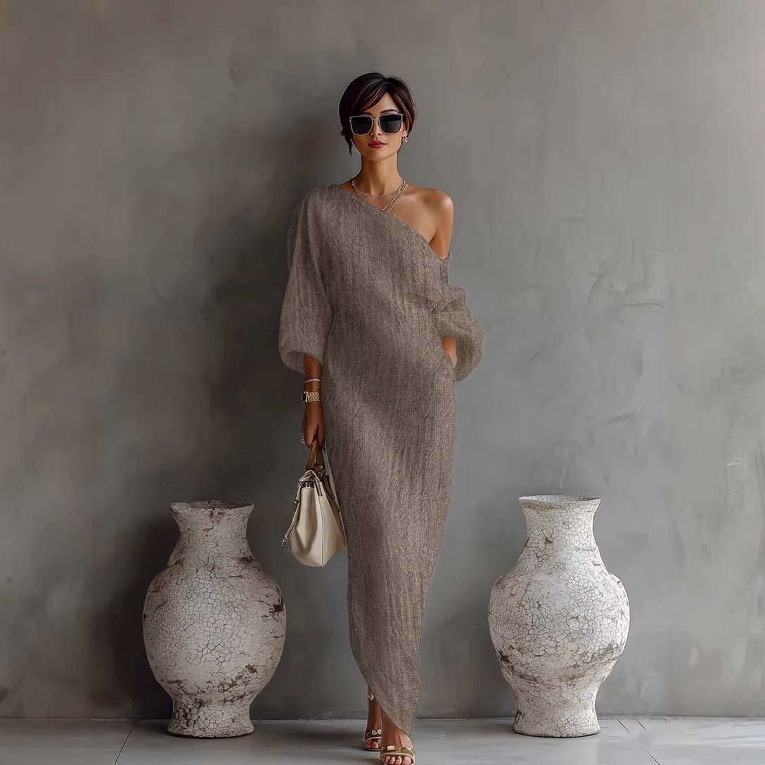 Charlotte | Off Shoulder Lantern Sleeve Loose Linen Blend Elegant Maxi Dress