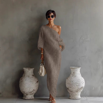 Charlotte | Off Shoulder Lantern Sleeve Loose Linen Blend Elegant Maxi Dress