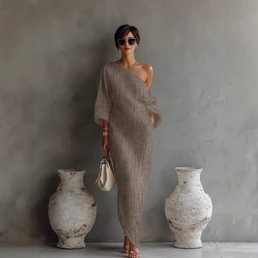 Charlotte | Off Shoulder Lantern Sleeve Loose Linen Blend Elegant Maxi Dress