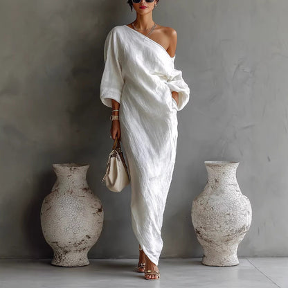 Charlotte | Off Shoulder Lantern Sleeve Loose Linen Blend Elegant Maxi Dress