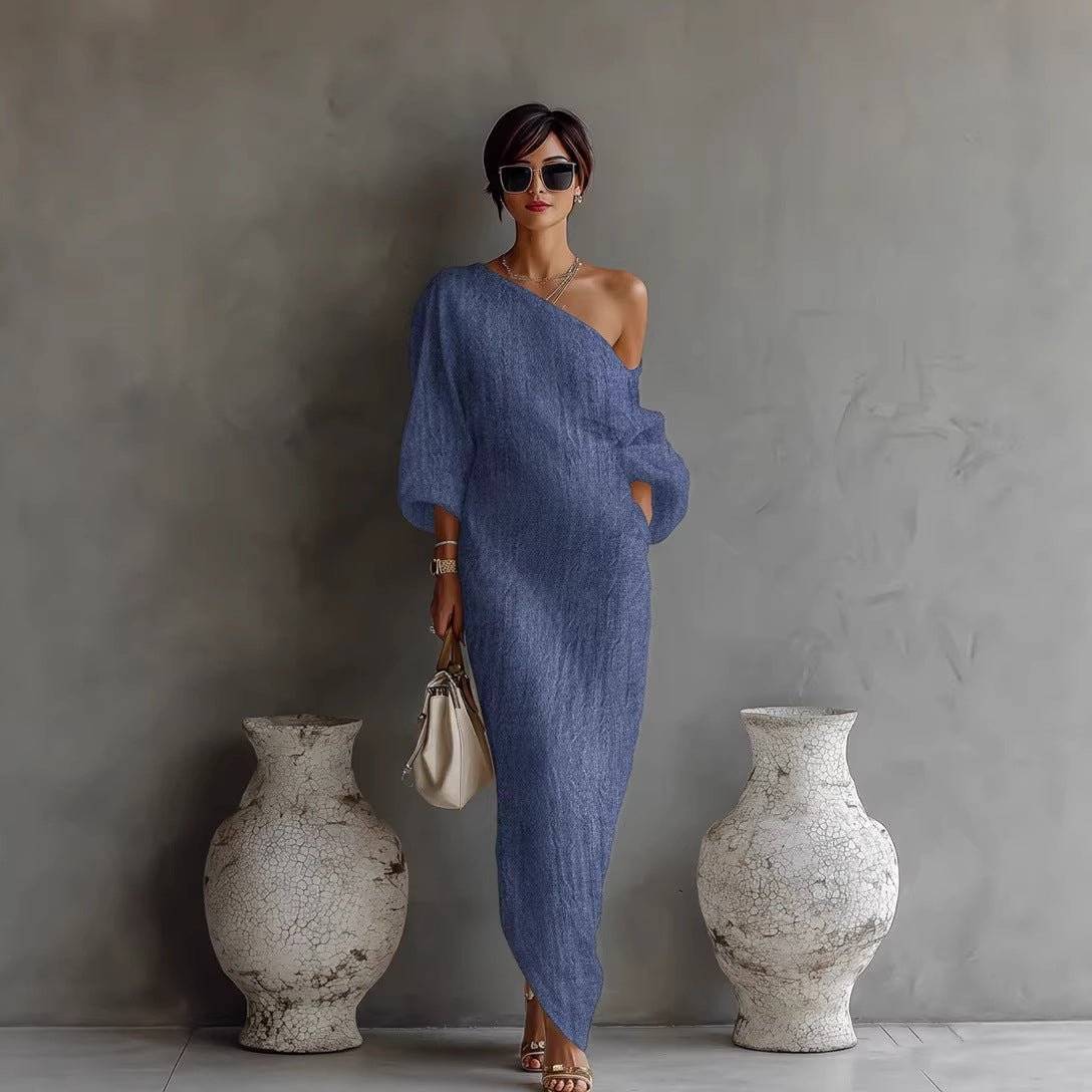 Charlotte | Off Shoulder Lantern Sleeve Loose Linen Blend Elegant Maxi Dress