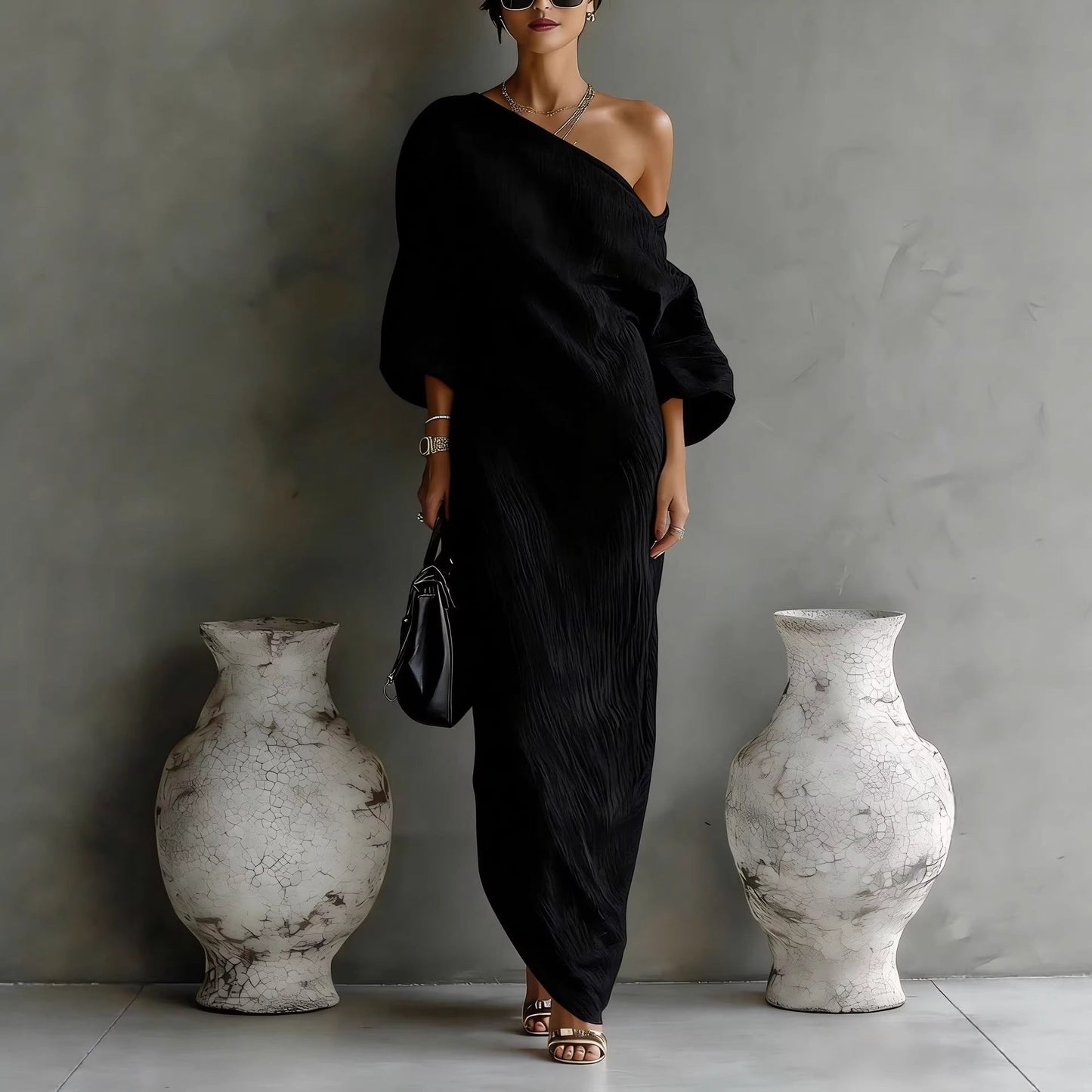 Charlotte | Off Shoulder Lantern Sleeve Loose Linen Blend Elegant Maxi Dress