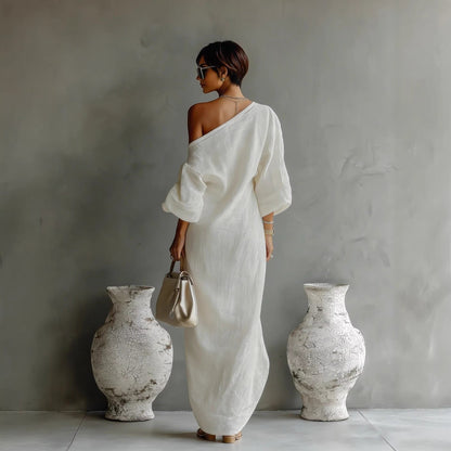 Charlotte | Off Shoulder Lantern Sleeve Loose Linen Blend Elegant Maxi Dress