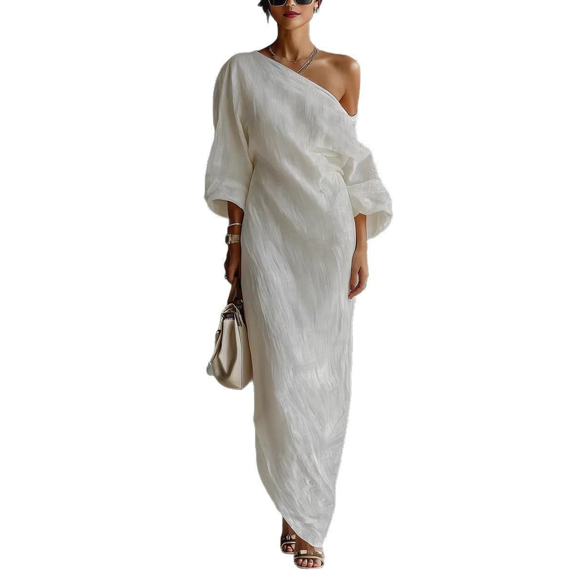 Charlotte | Off Shoulder Lantern Sleeve Loose Linen Blend Elegant Maxi Dress