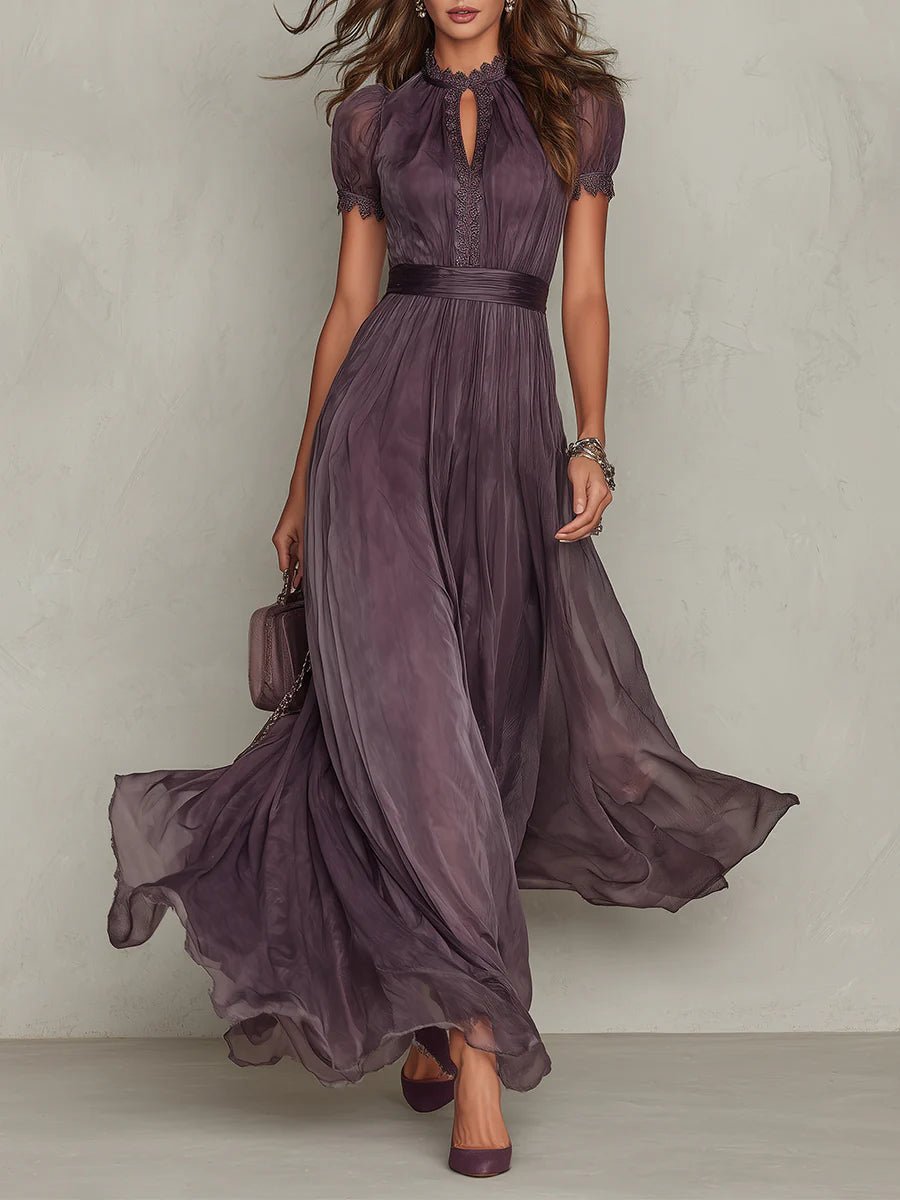 Scarlett | Pleated Chiffon Keyhole High Neck Puff Sleeve Elegant Maxi Dress