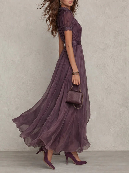 Scarlett | Pleated Chiffon Keyhole High Neck Puff Sleeve Elegant Maxi Dress